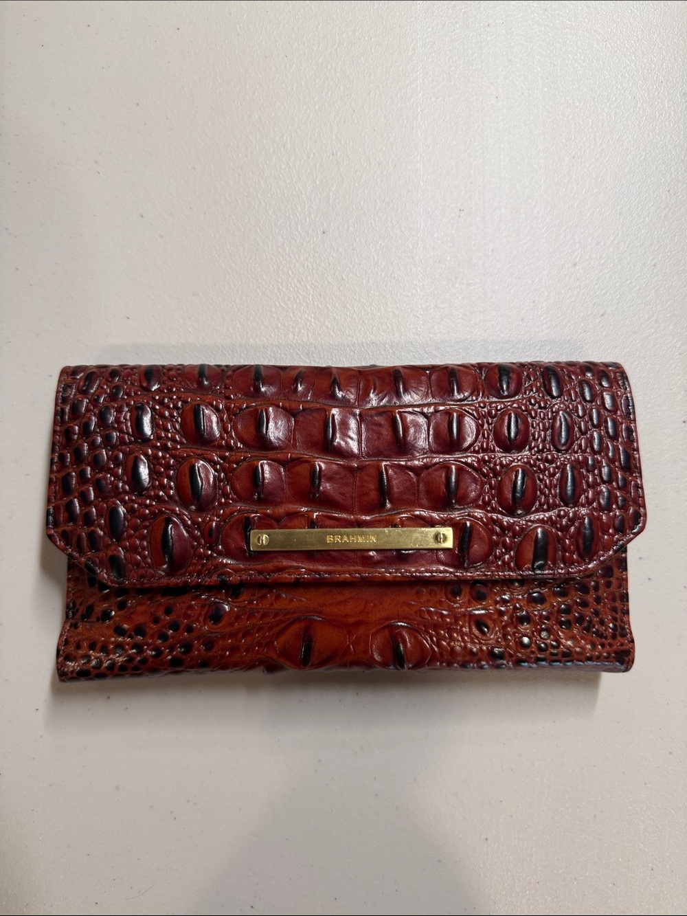 Brahmin Deep Brown Croc-Embossed Leather Wallet with Gold Plate